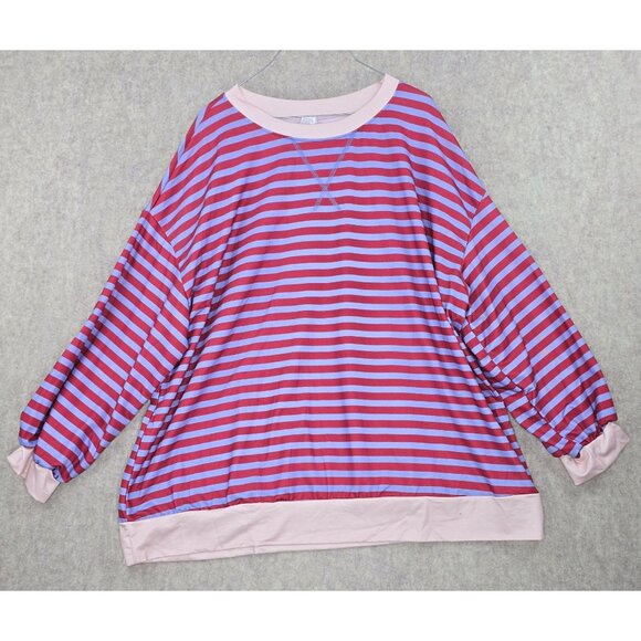 Striped Womens Plus Size 4XL Pullover Top Red & Blue Pink Trim Casual Polyester - Picture 1 of 5